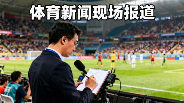 体育新闻现场报道，记者在赛场边记录赛事